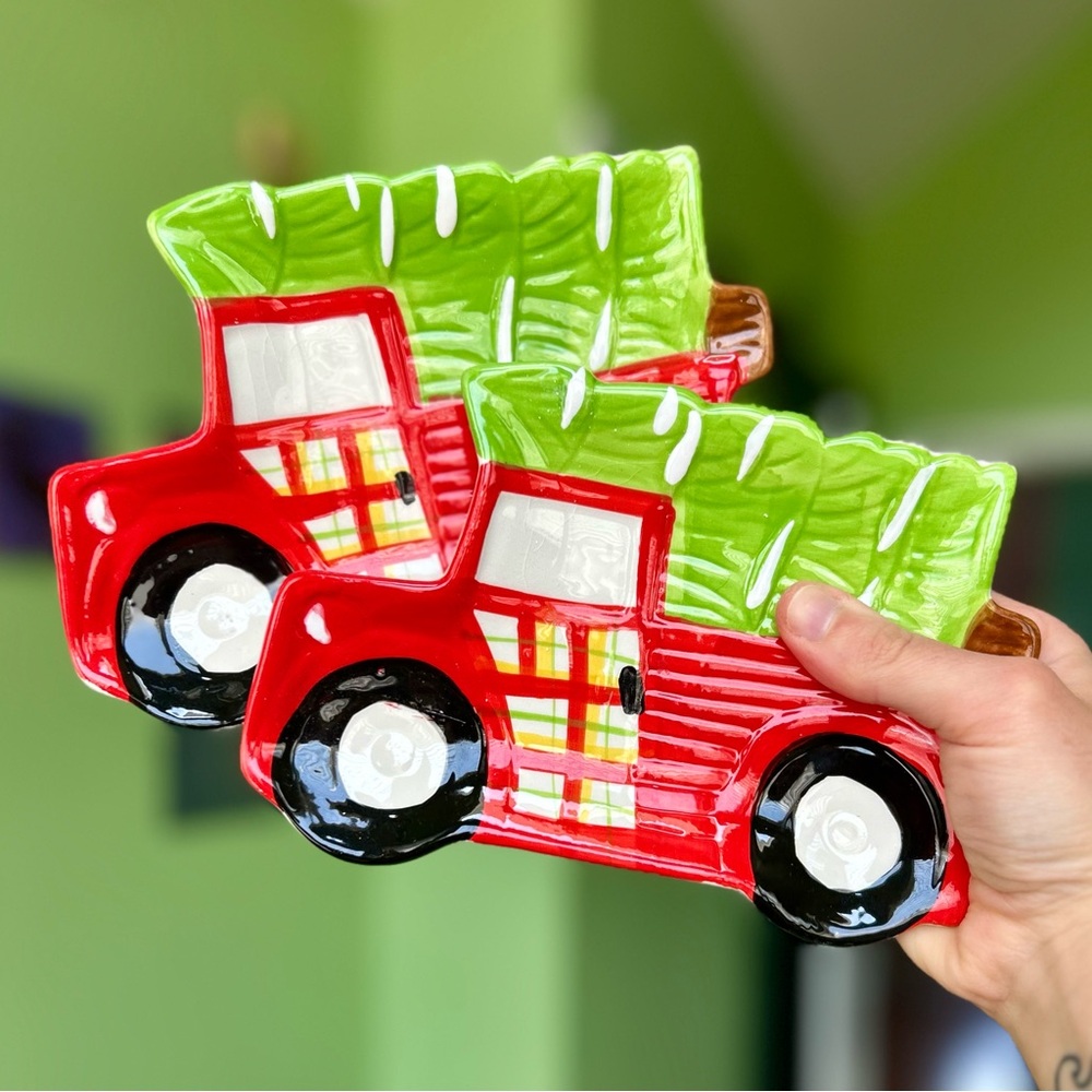 Ceramic Red & Green Christmas Truck Kitchen Spoon Rest Set of 2